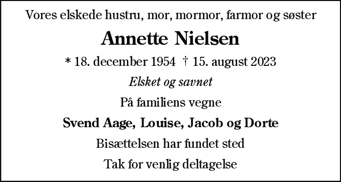 Dødsannonce for Annette Nielsen
