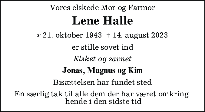 Dødsannonce for Lene Halle