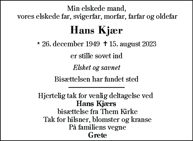 Dødsannonce for Hans Kjær