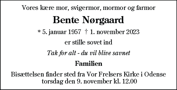 Dødsannonce for Bente Nørgaard