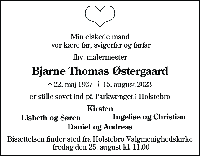 Dødsannonce for Bjarne Thomas Østergaard