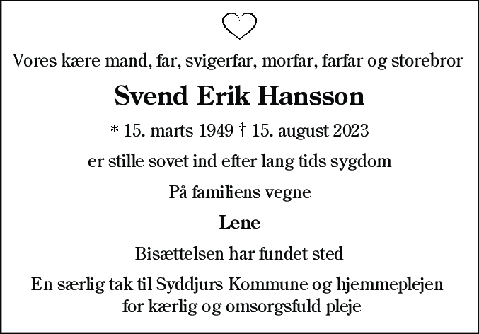 Dødsannonce for Svend Erik Hansson