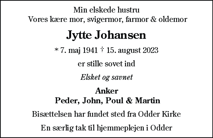 Dødsannonce for Jytte Johansen