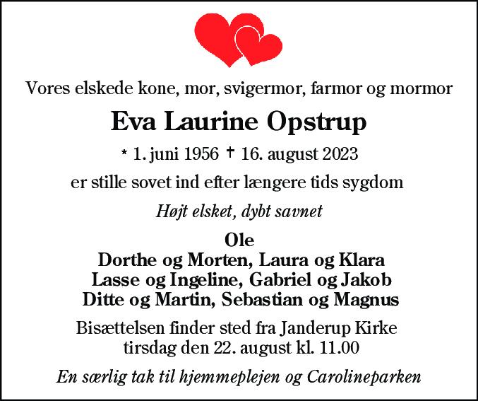 Dødsannonce for Eva Laurine Opstrup