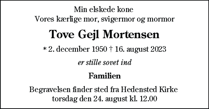 Dødsannonce for Tove Gejl Mortensen