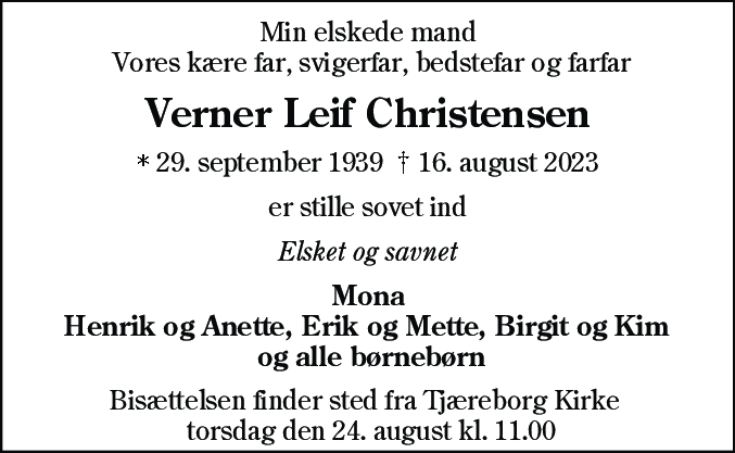 Dødsannonce for Verner Leif Christensen