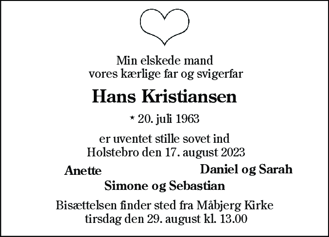 Dødsannonce for Hans Kristiansen