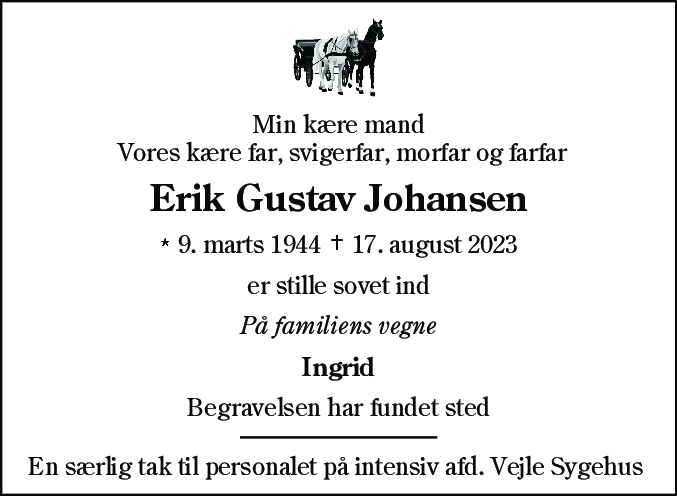 Dødsannonce for Erik Gustav Johansen