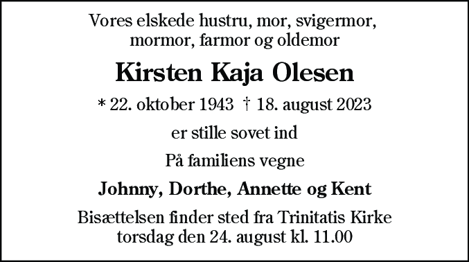 Dødsannonce for Kirsten Kaja Olesen