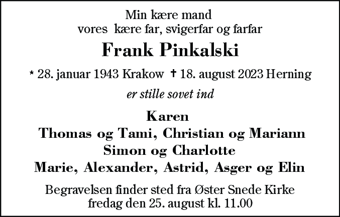 Dødsannonce for Franciszek Jozef Pinkalski