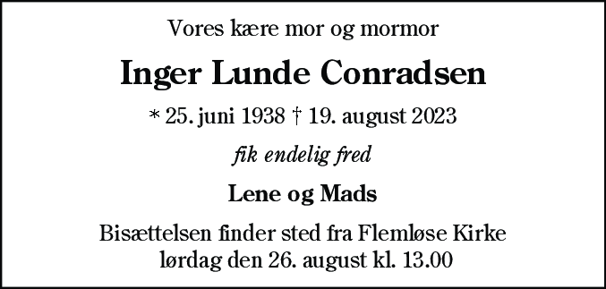 Dødsannonce for Inger Lunde Conradsen