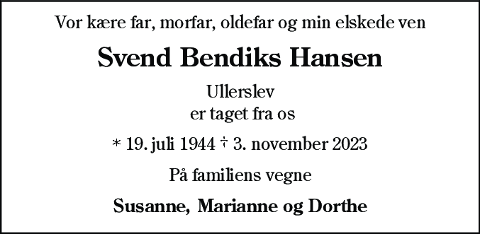 Dødsannonce for Svend Bendiks Hansen