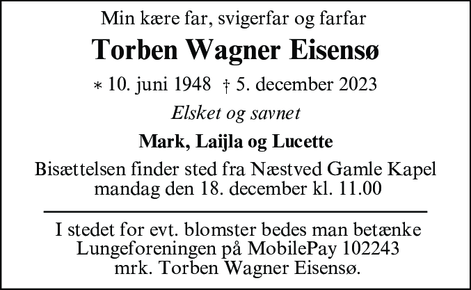 Dødsannonce for Torben Wagner Eisensø