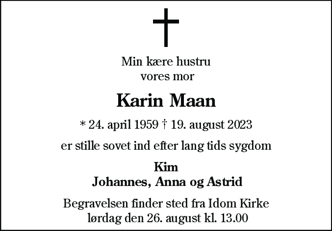 Dødsannonce for Karin Maan