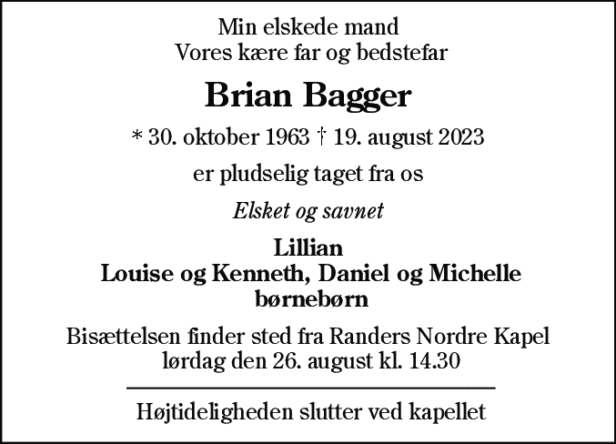 Dødsannonce for Brian Bagger