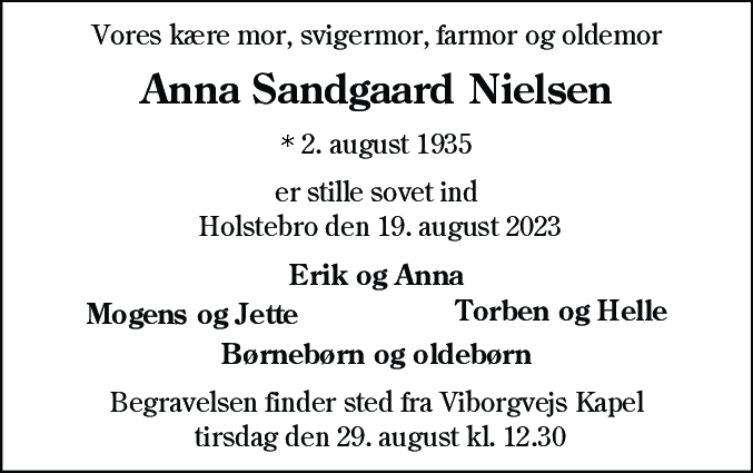 Dødsannonce for Anna Sandgaard Nielsen