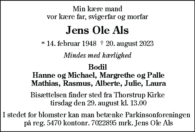 Dødsannonce for Jens Ole Als
