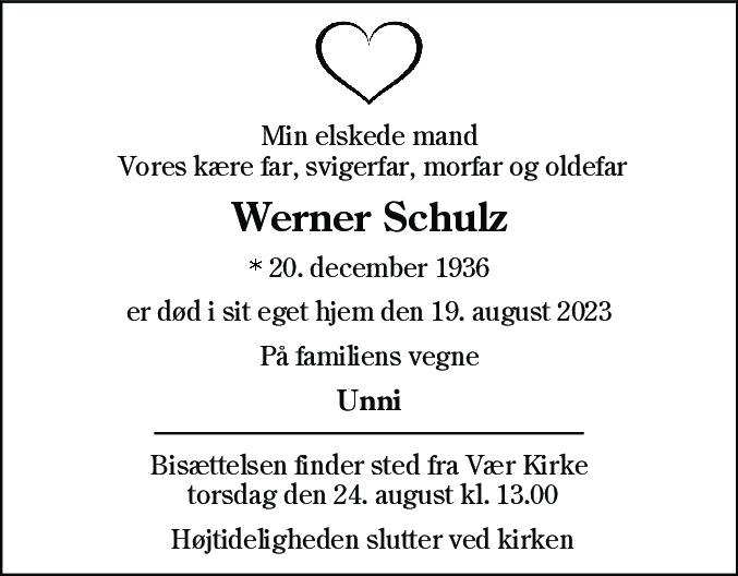 Dødsannonce for Werner Schulz
