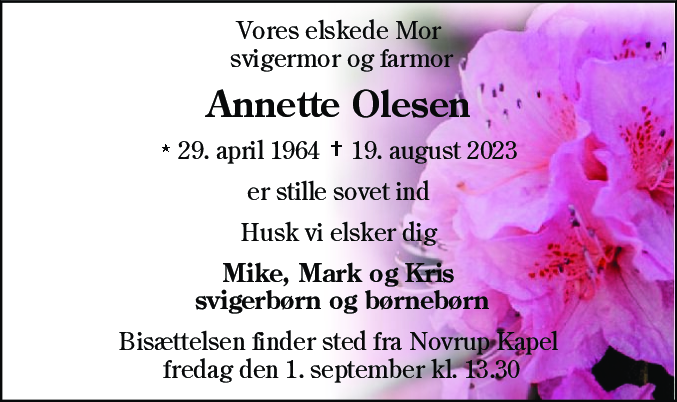 Dødsannonce for Annette Olesen