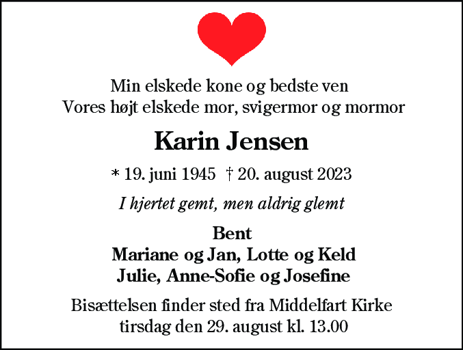 Dødsannonce for Karin Merete Jensen