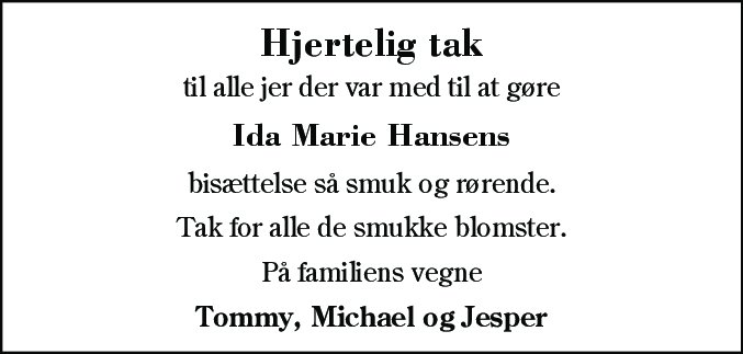 Dødsannonce for Ida Marie Hansen