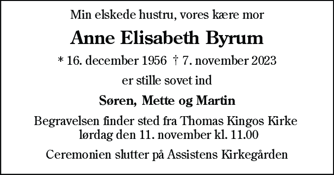 Dødsannonce for Anne Elisabeth Byrum