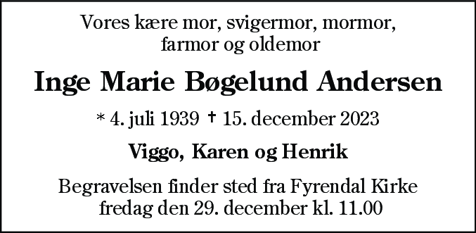 Dødsannonce for Inge Marie Bøgelund Andersen