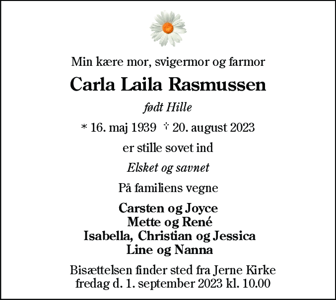 Dødsannonce for Carla Laila Rasmussen
