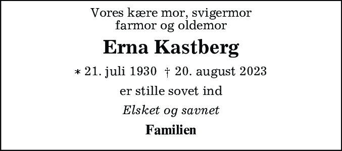 Dødsannonce for Erna Kastberg