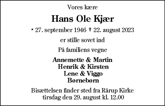 Dødsannonce for Hans Ole Kjær