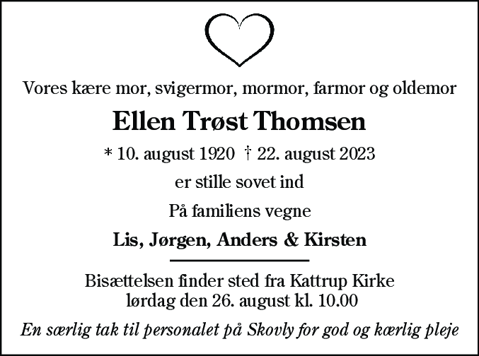 Dødsannonce for Ellen Trøst Thomsen