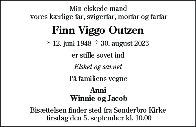 Dødsannonce for Finn Viggo Outzen
