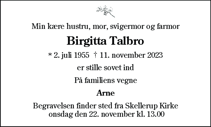 Dødsannonce for Birgitta Talbro