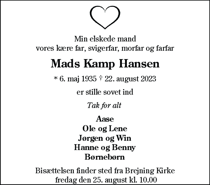 Dødsannonce for Mads Kamp Hansen