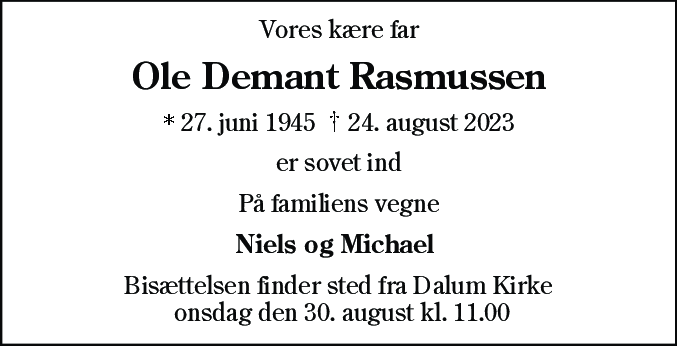 Dødsannonce for Ole Demant Rasmussen