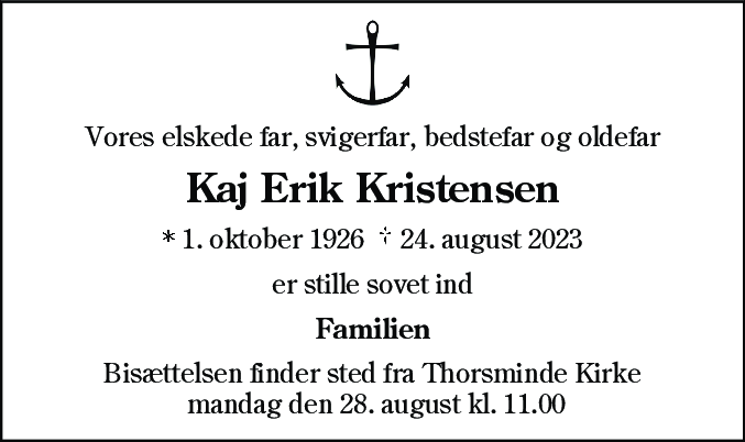 Dødsannonce for Kaj Erik Kristensen