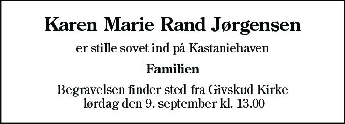Dødsannonce for Karen Marie Rand Jørgensen