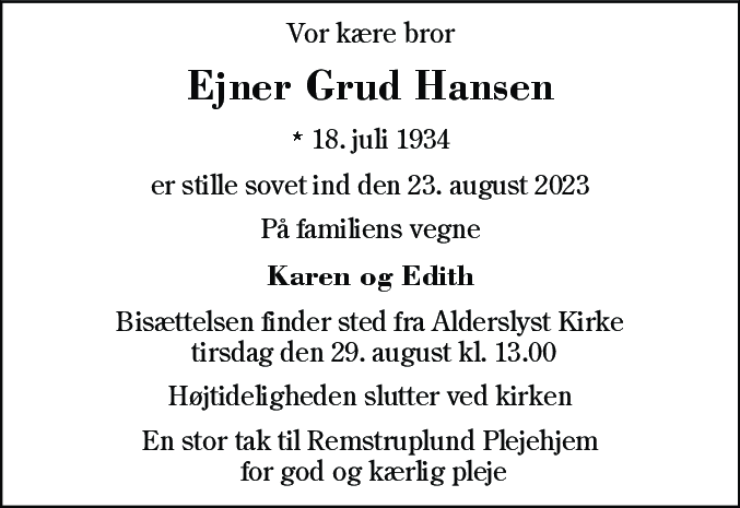 Dødsannonce for Ejner Grud Hansen
