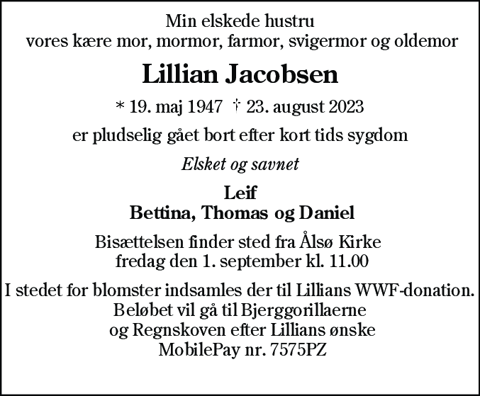 Dødsannonce for Lillian Jacobsen