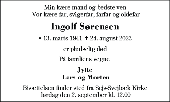 Dødsannonce for Ingolf Sørensen