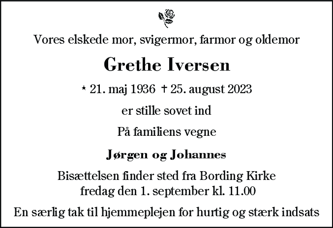 Dødsannonce for Grethe Iversen
