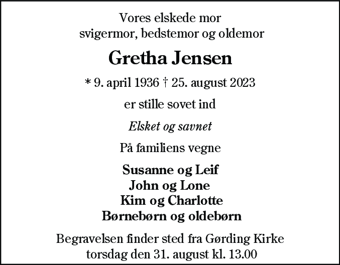 Dødsannonce for Grethe Jensen