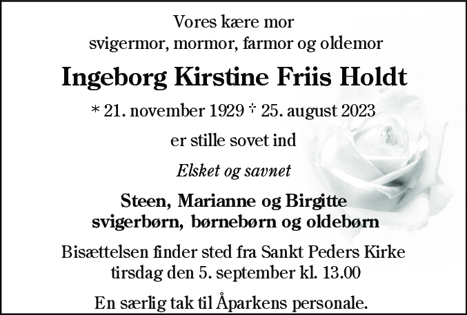 Dødsannonce for Ingeborg Kirstine Friis Holdt