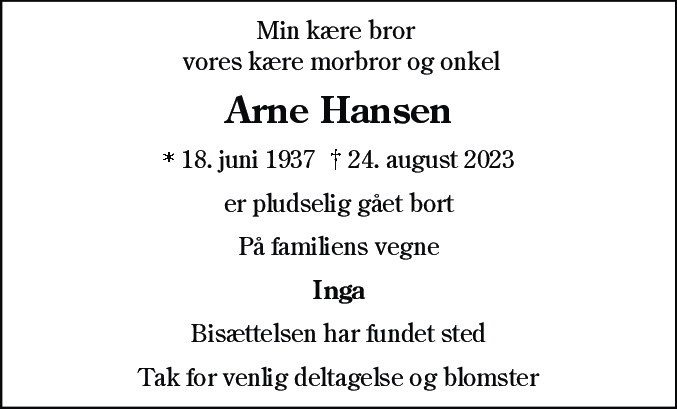 Dødsannonce for Arne Hansen