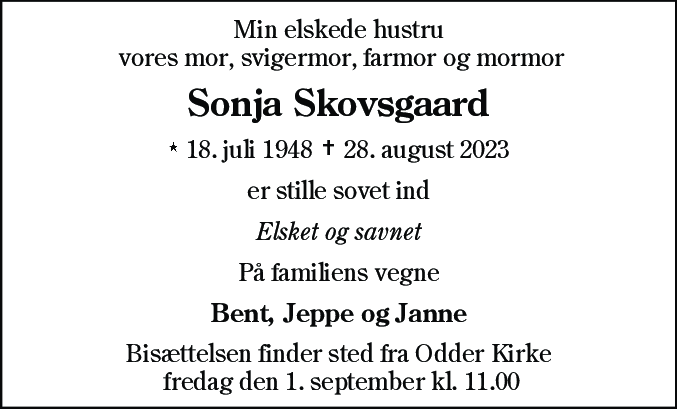 Dødsannonce for Sonja Skovsgaard
