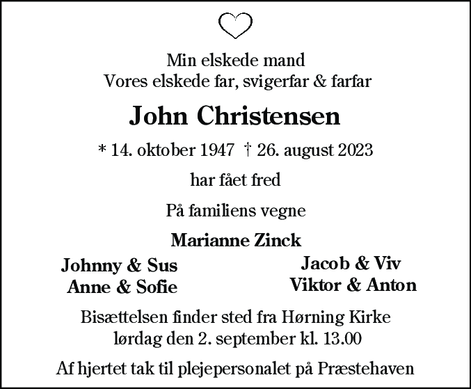 Dødsannonce for John Christensen