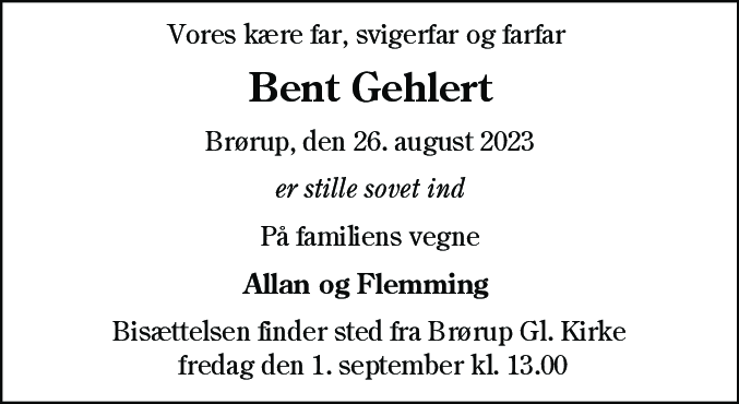 Dødsannonce for Bent Gehlert