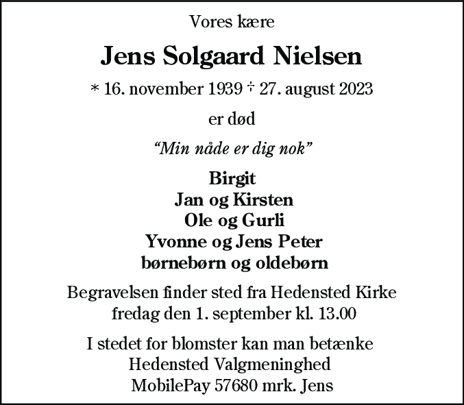 Dødsannonce for Jens Solgaard Nielsen