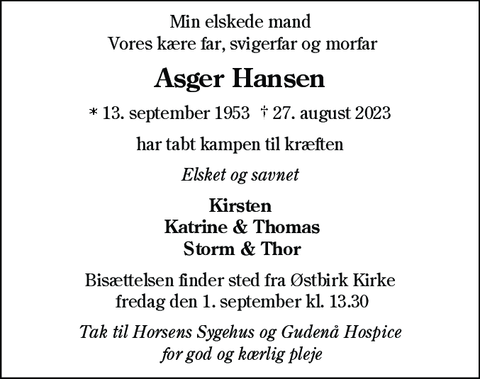 Dødsannonce for Asger Hansen