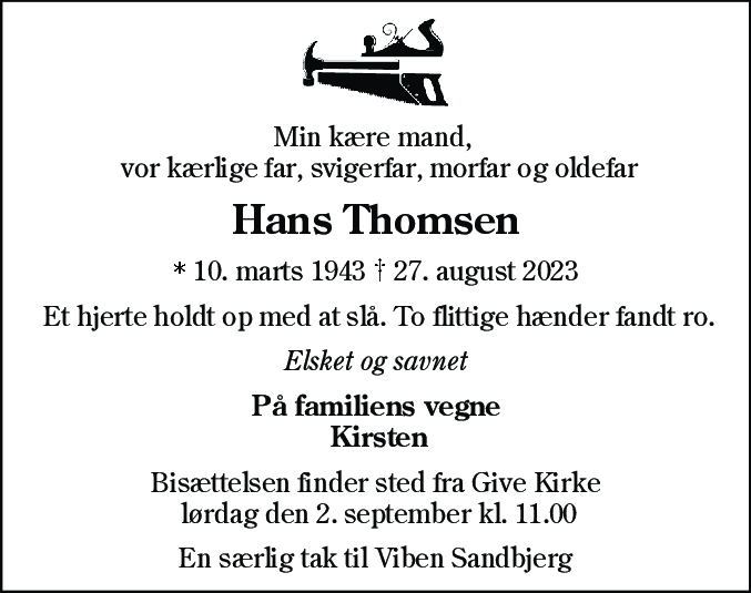 Dødsannonce for Hans Thomsen